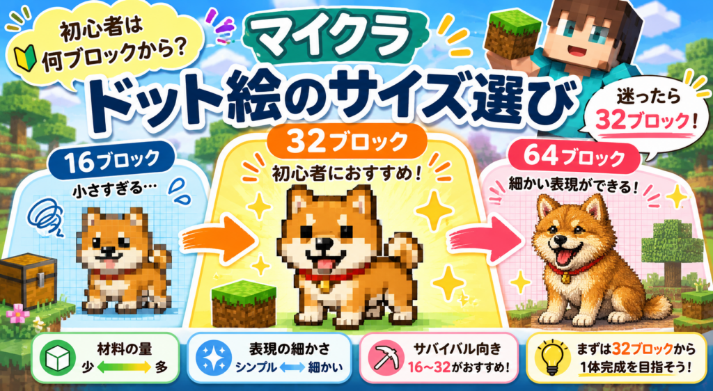 マイクラドット絵のサイズ、初心者は何ブロックから？の画像