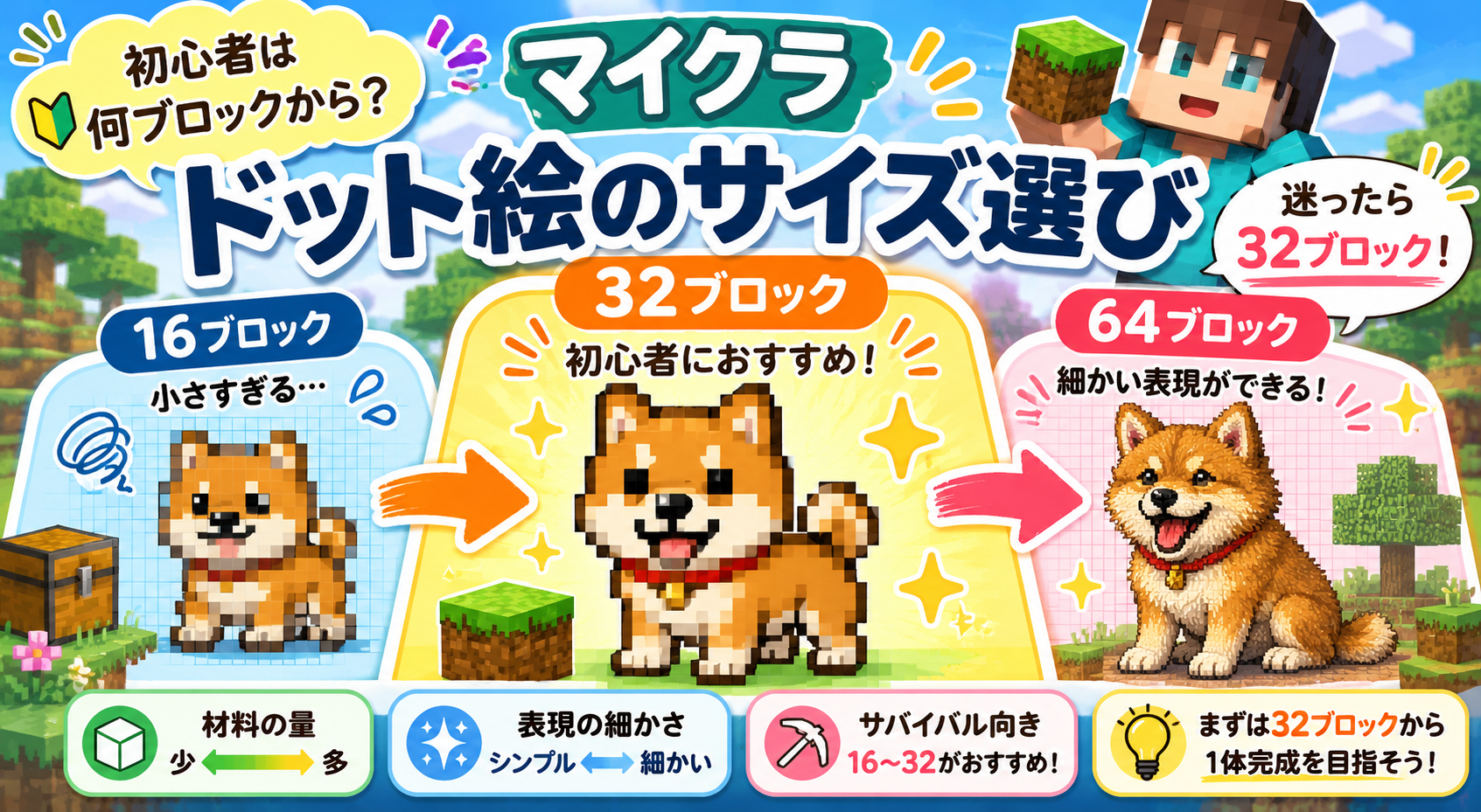 マイクラドット絵のサイズ、初心者は何ブロックから？の画像